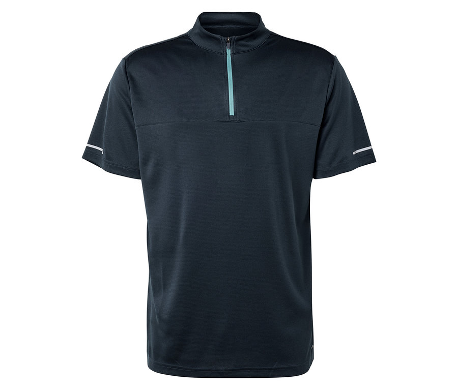 Zbliżenie na granatową koszulkę rowerową z krótkim zamkiem błyskawicznym i odblaskowymi paskami na rękawach.