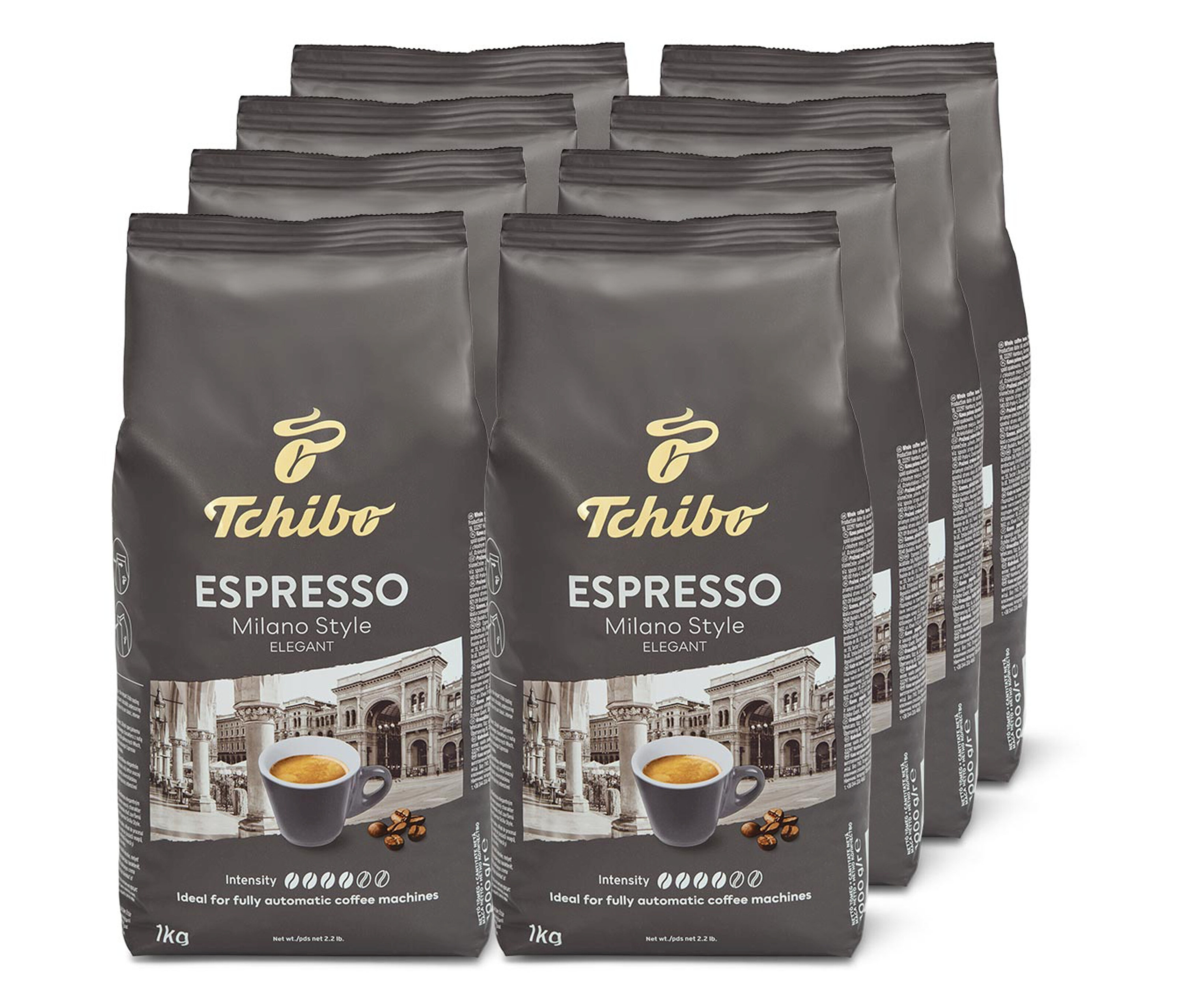 Osiem opakowań kawy ziarnistej Espresso Milano Style, 8x1 kg, ułożonych w dwóch rzędach.