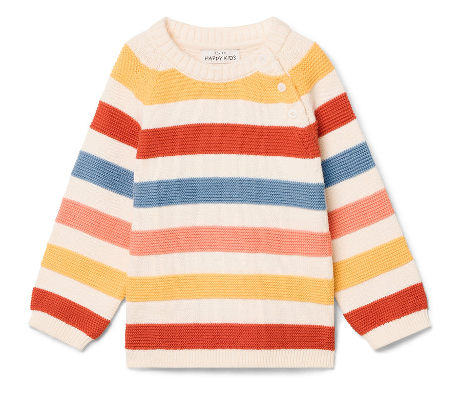 Pasiasty sweter dziecięcy w kolorze kremowym, żółtym, czerwonym, niebieskim i różowym z dwoma guzikami przy kołnierzu.