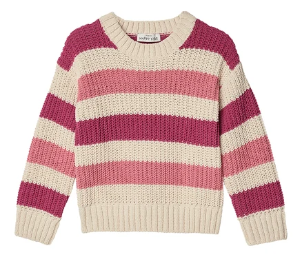 Dziecięcy sweter szenilowy w poziome paski w kolorach kremowym, jasnoróżowym i ciemnoróżowym.