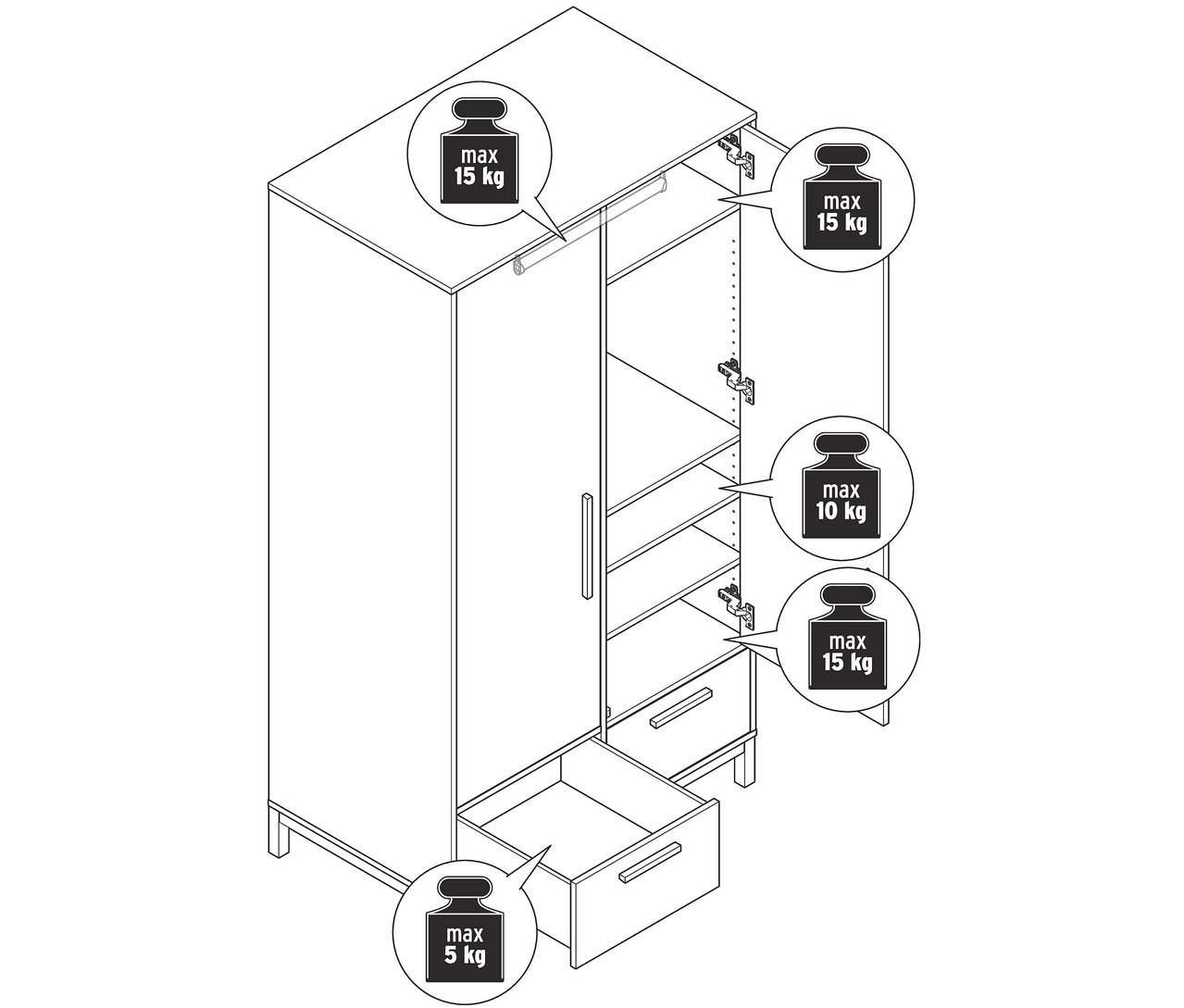 Rysunek szafy »Eklund« z szufladami, z otwartymi drzwiami i szufladą.