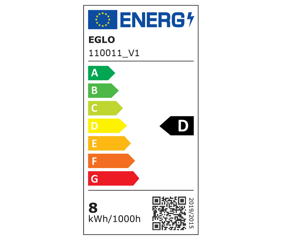 Etykieta energetyczna EGLO 110011_V1 pokazuje klasę efektywności energetycznej D i zużycie 8 kWh/1000h.