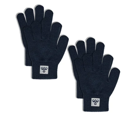 Dwie pary niebieskich rękawiczek hummel® HMLJR Knit Gloves 2P z naszywką z logo na mankietach.