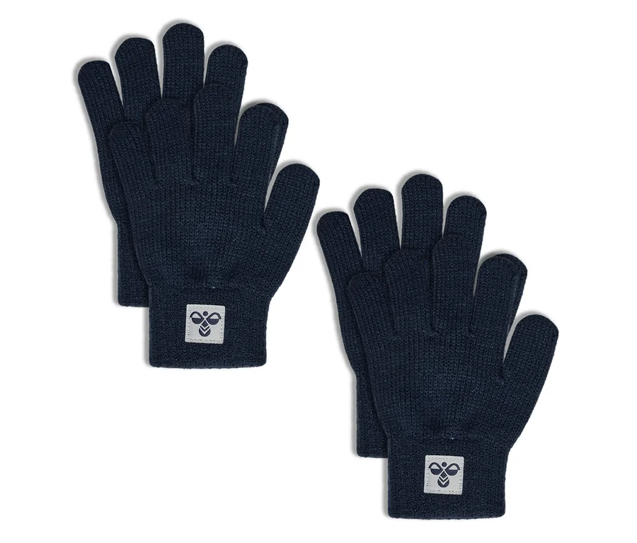 Dwie pary niebieskich rękawiczek hummel® HMLJR Knit Gloves 2P z naszywką z logo na mankietach.