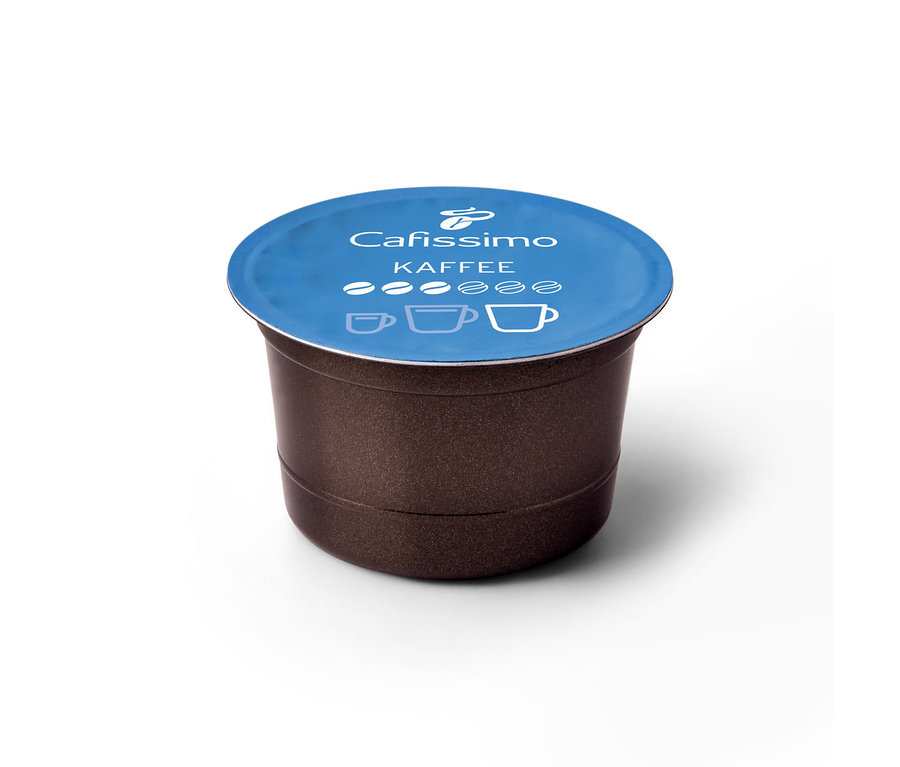 Ciemnobrązowa kapsułka kawy Tchibo Cafissimo Fine Aroma z niebieskim wieczkiem, na którym widnieje napis "Kawa Fine Aroma" i trzy symbole filiżanek.