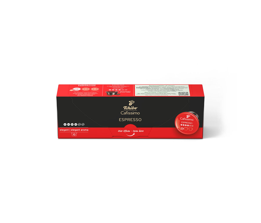 Czarne opakowanie Tchibo Cafissimo Espresso Elegant Aroma na 10 kapsułek z czerwonymi akcentami, na białym tle.