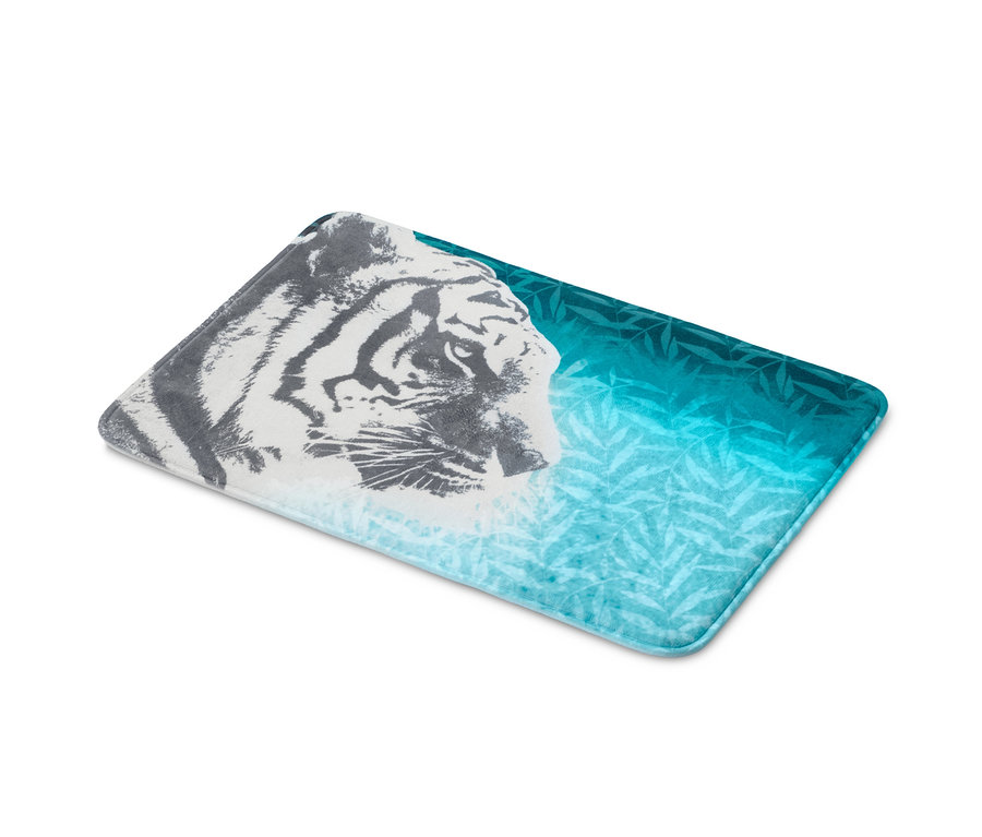 Biała mata łazienkowa z motywem tygrysa i liści. Mata łazienkowa z pianki wysokoelastycznej ok. 45 x 65 cm, z motywem tygrysa.