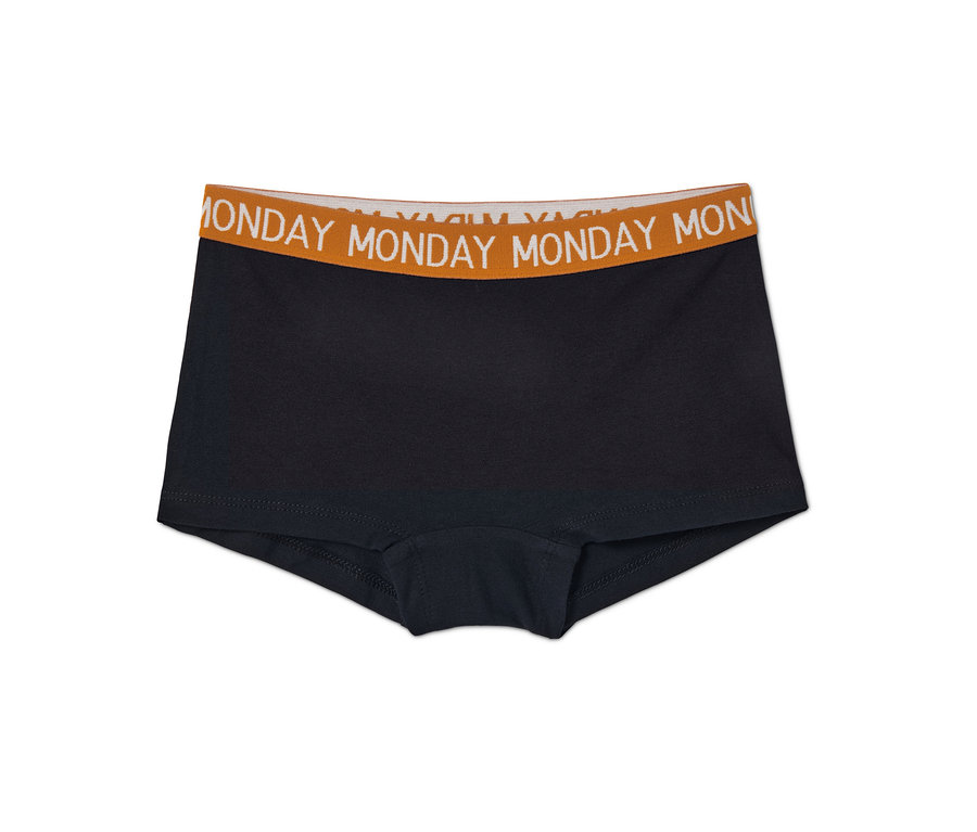 Czarne figi dziewczęce, 7 par, z pomarańczowym pasem z napisem Monday.
