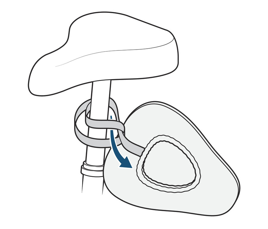 Rysunek przedstawia pokrowiec na siodełko rowerowe przymocowany do siodełka.