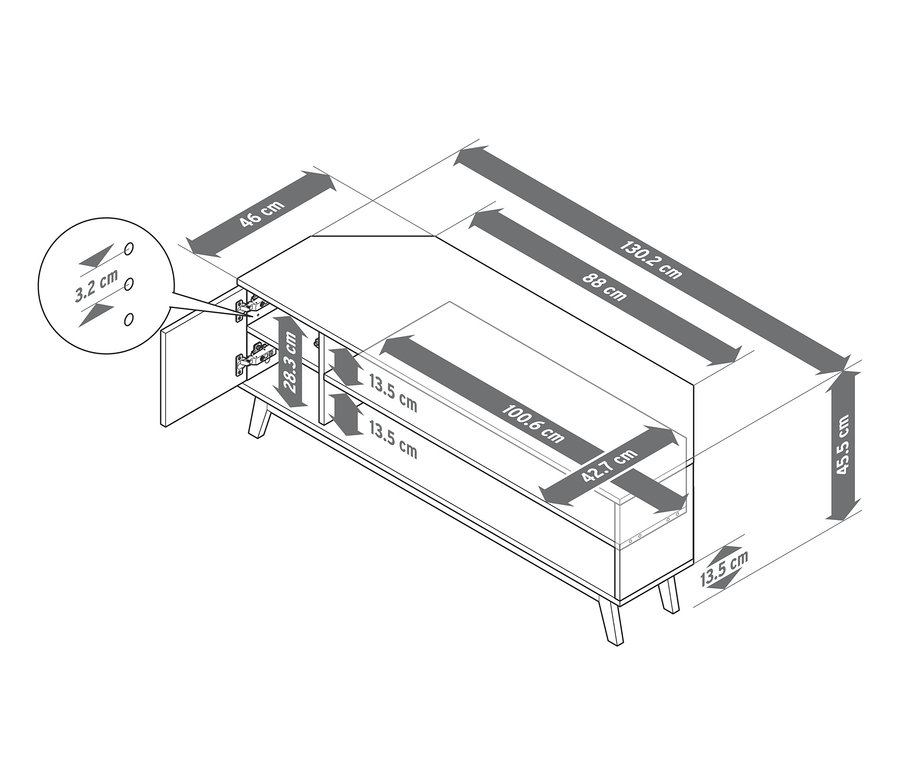 Schemat narożnej niskiej szafki z wymiarami.