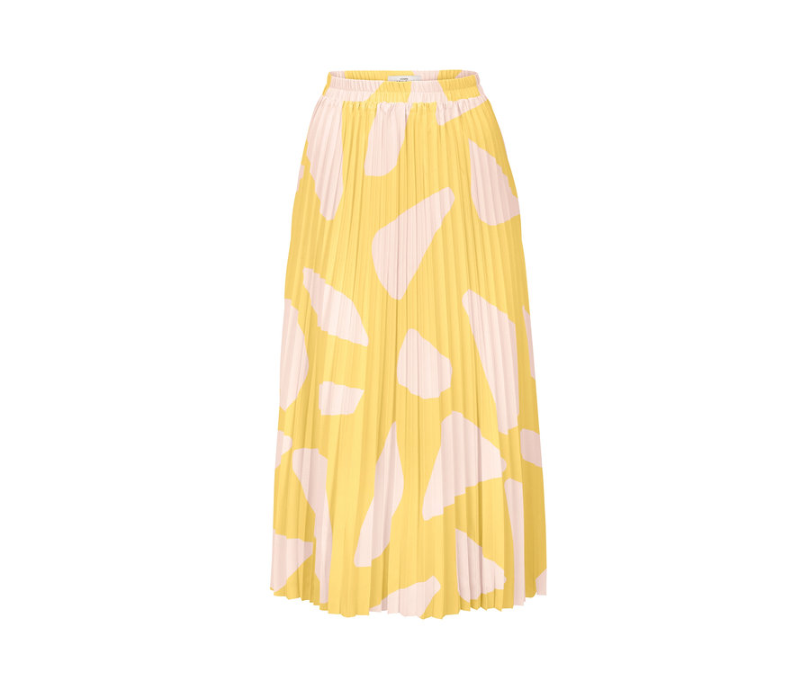 Żółta spódnica plisowana z nadrukiem.