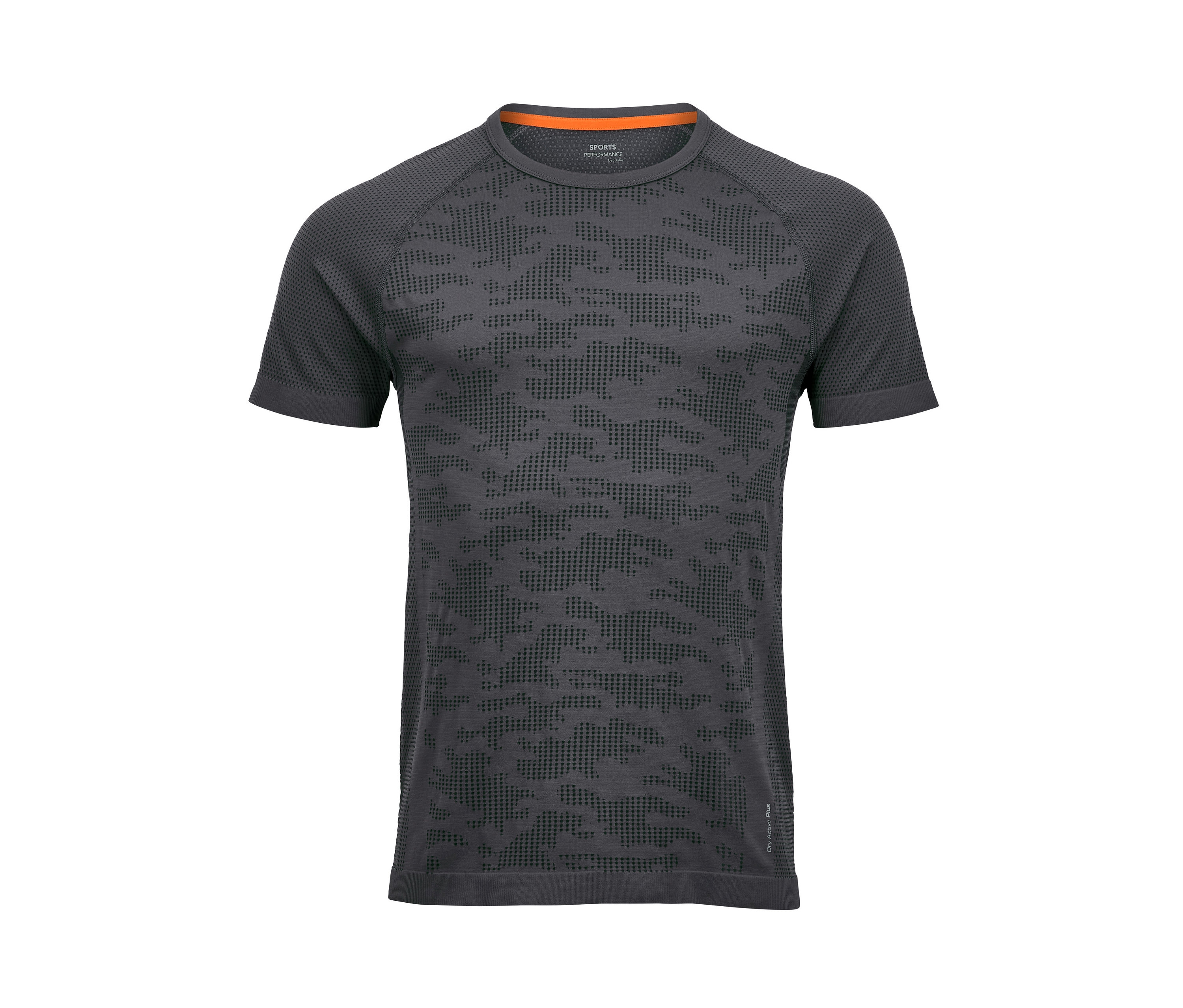 Szara funkcyjna koszulka Klima-Tec z krótkim rękawem i perforowanym wzorem na białym tle.