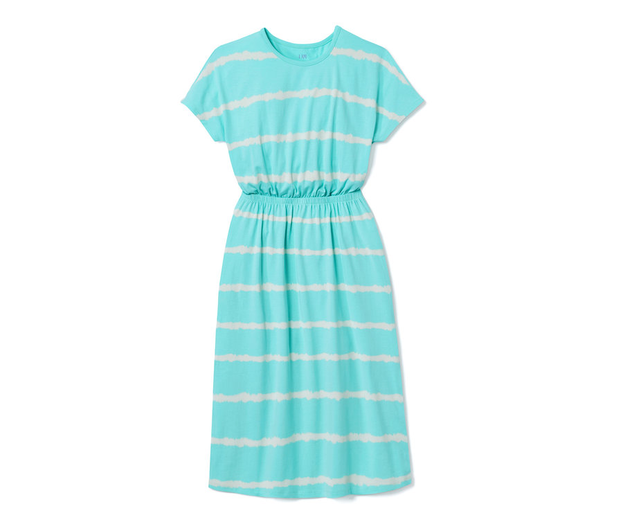 Niebieska sukienka dżersejowa w białe paski.