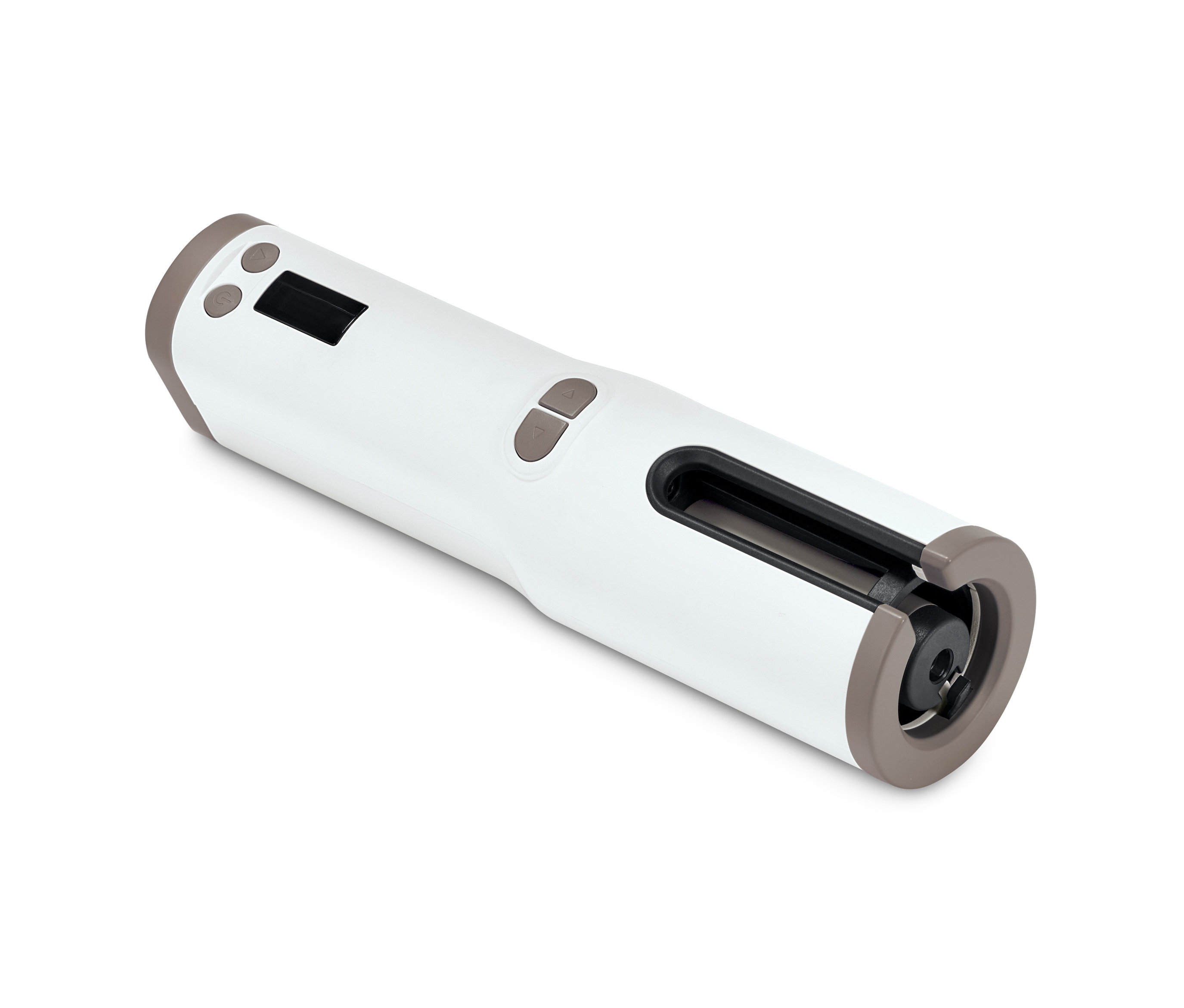 Automatyczna lokówka w kolorze białym z szarymi akcentami leży na białym tle.