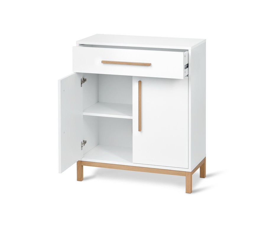 Biała szafka łazienkowa typu sideboard »Eklund« z otwartymi drzwiami i szufladą.