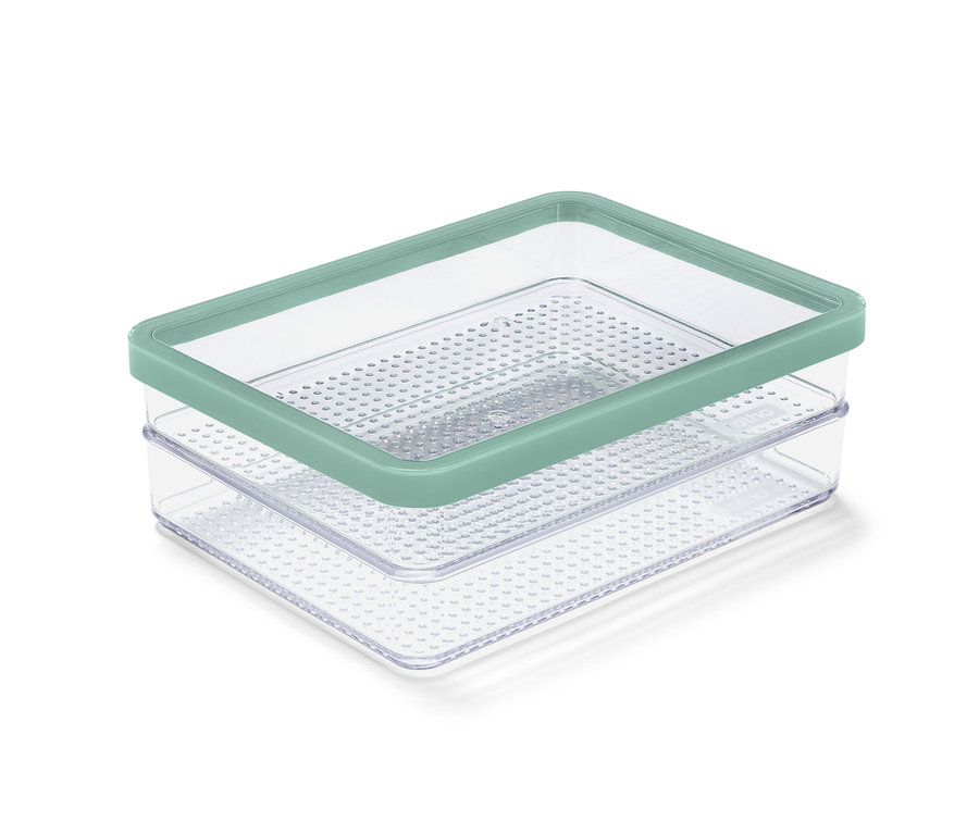 Pojemnik na wędliny i sery z jasnozieloną pokrywką.