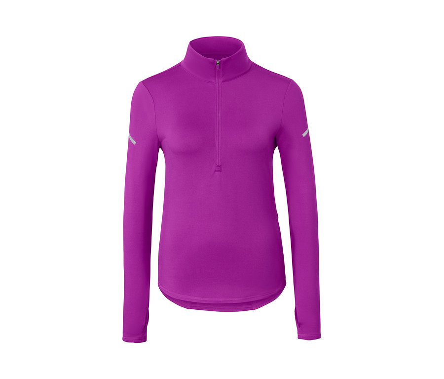 Termoaktywna bluza funkcyjna, neonowo malinowa z długimi rękawami i zamkiem błyskawicznym przy szyi.