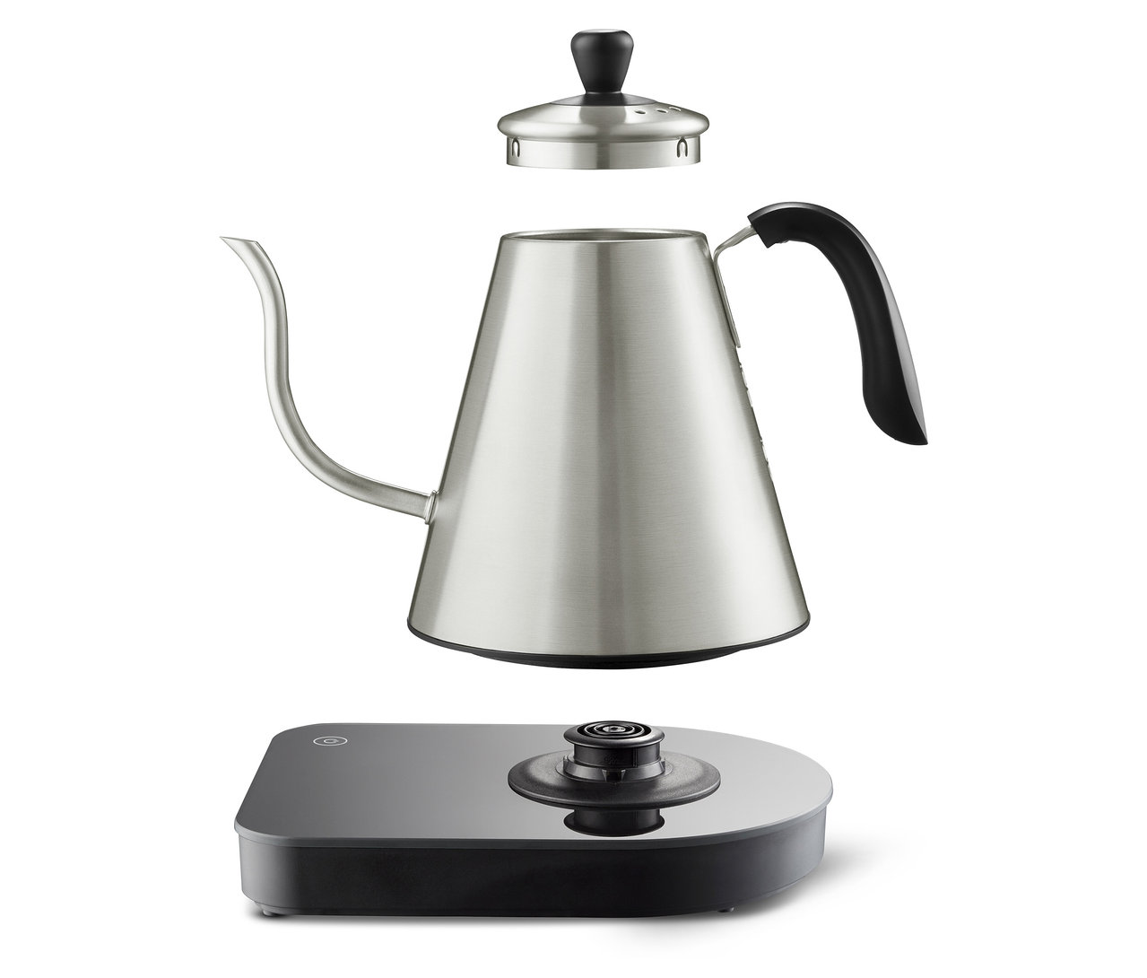 Elektryczny czajnik typu konewka ze stali nierdzewnej z oddzielną pokrywką i podstawą.