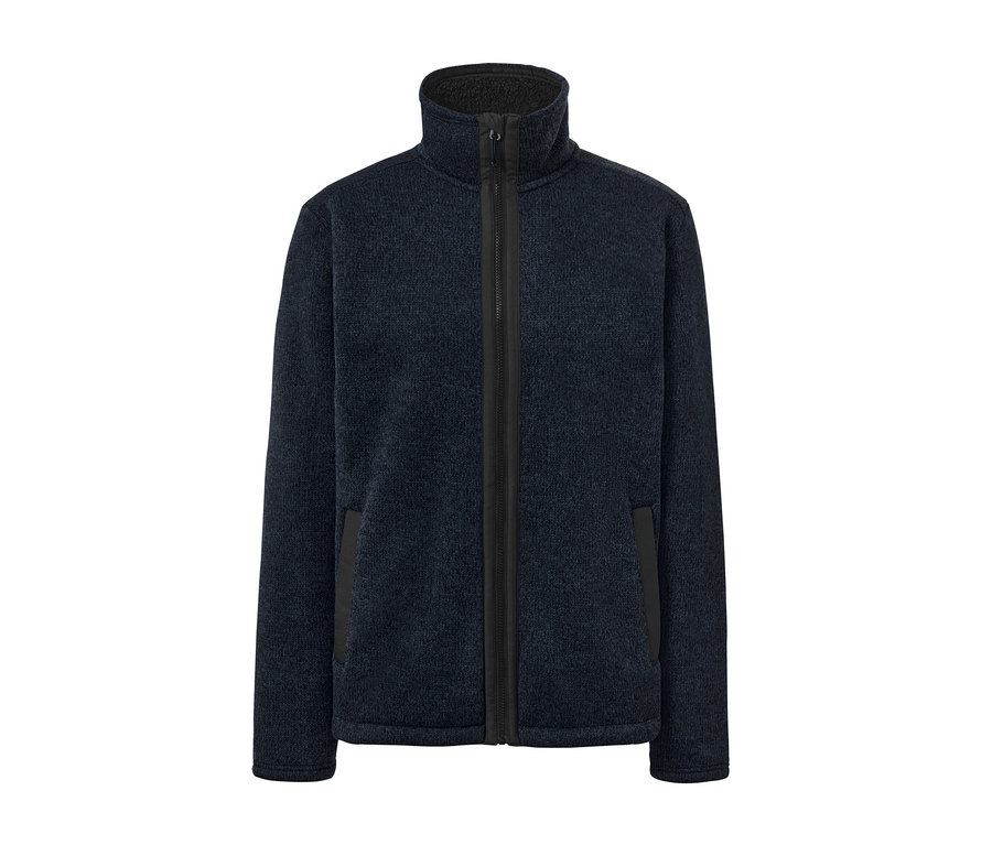 Granatowa bluza z dzianiny polarowej zapinana na zamek błyskawiczny pośrodku.