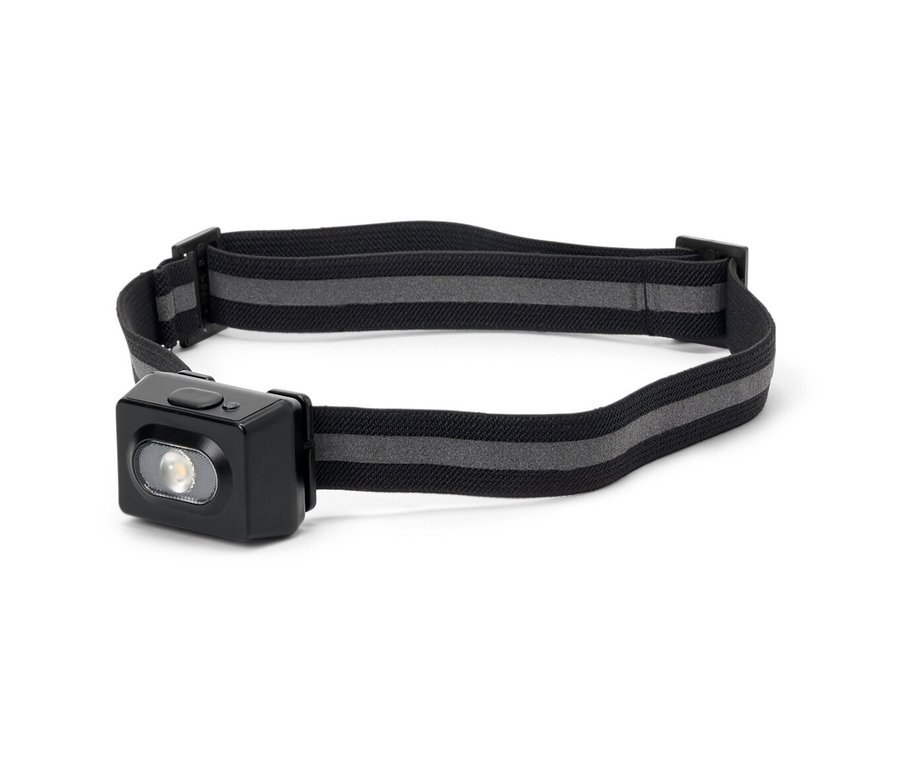 Latarka czołowa z czarną obudową i szarym paskiem w paski.