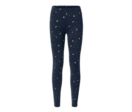 Granatowe, miękkie legginsy we wzór w gwiazdy i księżyce.