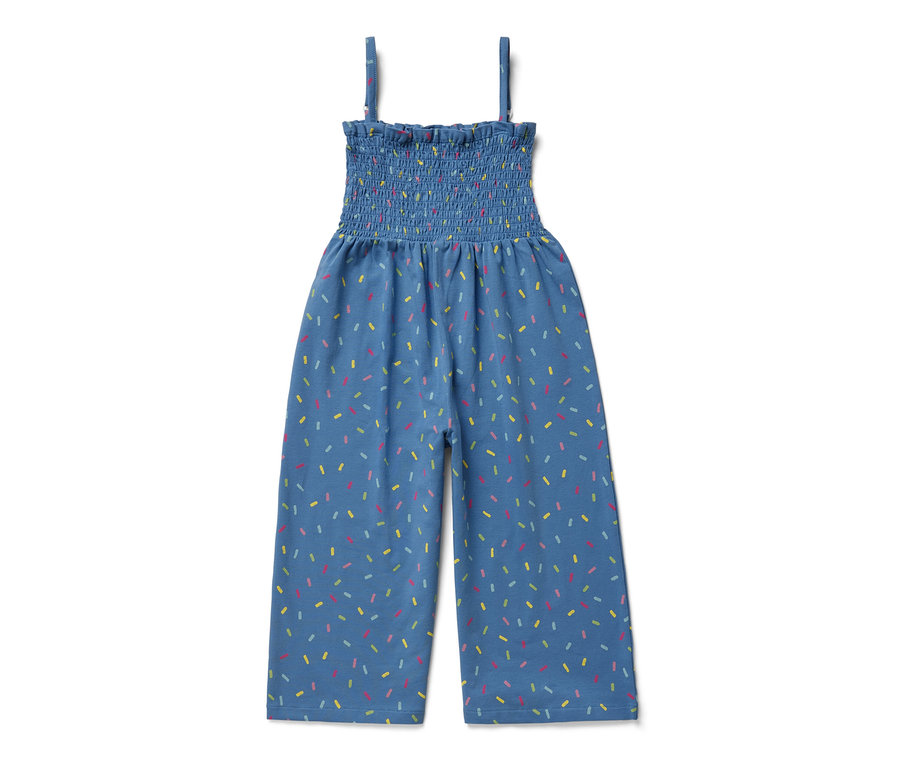Niebieski kombinezon o długości 7/8 z kolorowym wzorem.