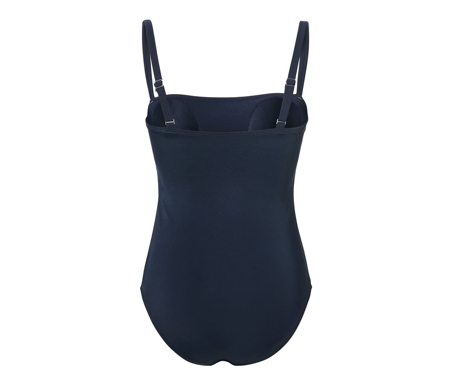 Szczegółowy widok granatowego kostiumu kąpielowego na ramiączkach.