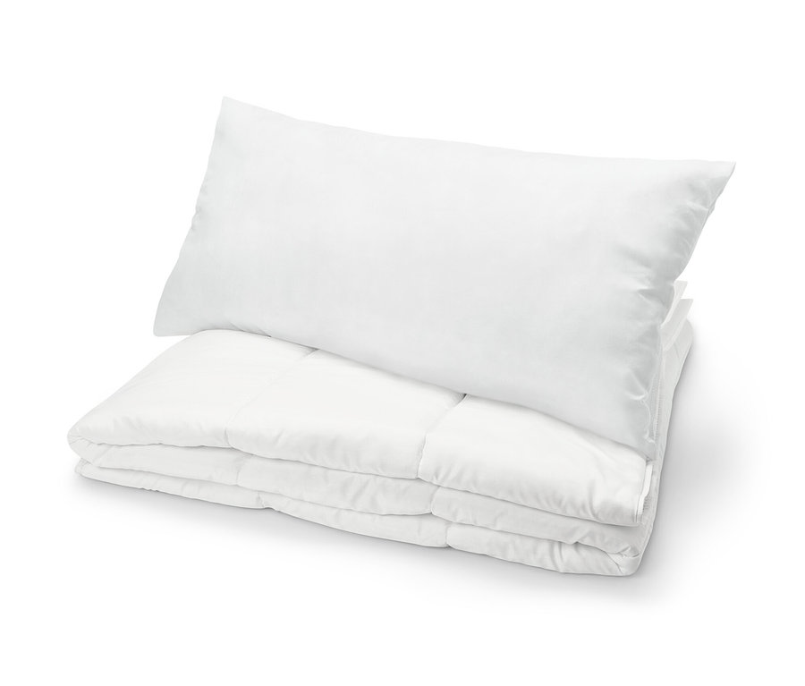 Biały, 2-częściowy komplet pościeli z poduszką na górze.