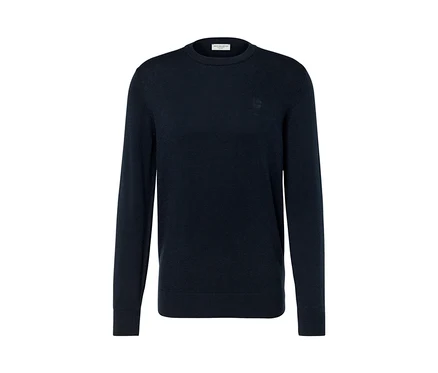 Granatowy sweter z okrągłym wycięciem pod szyją.