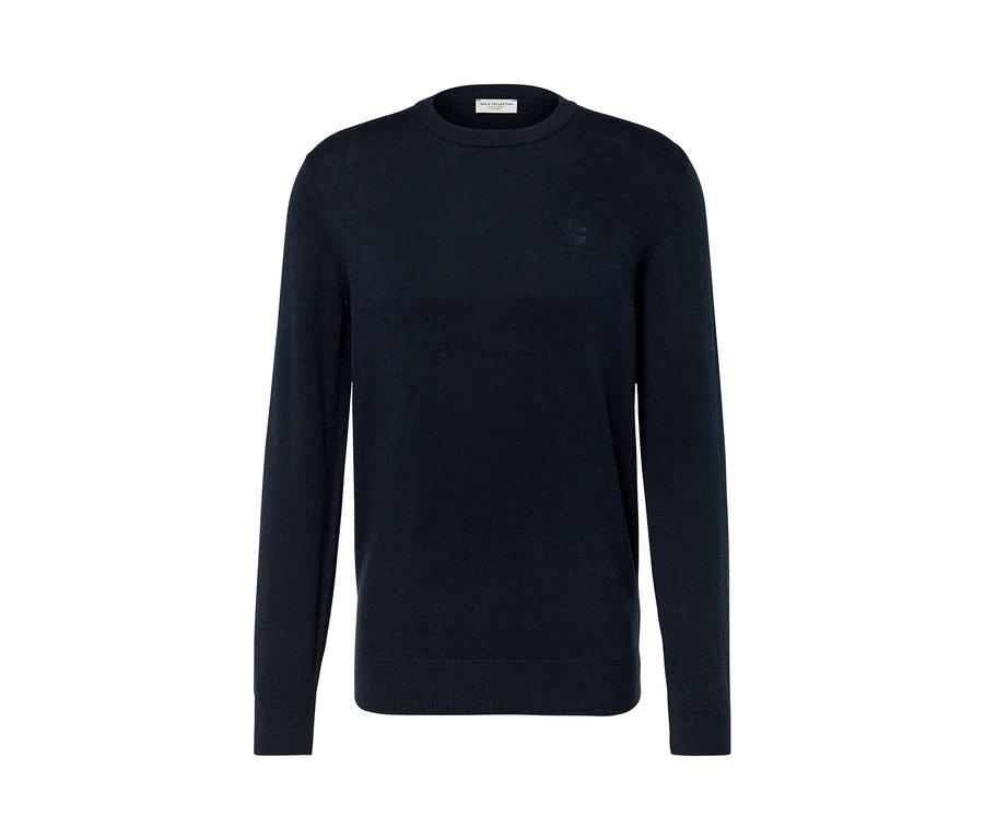 Granatowy sweter z okrągłym wycięciem pod szyją.