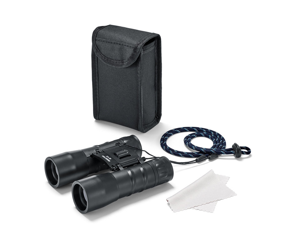 Czarna lornetka kieszonkowa »12x32« z etui, sznurkiem i ściereczką do obiektywu.