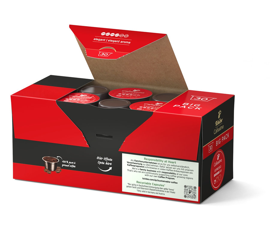 Otwarte opakowanie 30 kapsułek Cafissimo Espresso elegant.