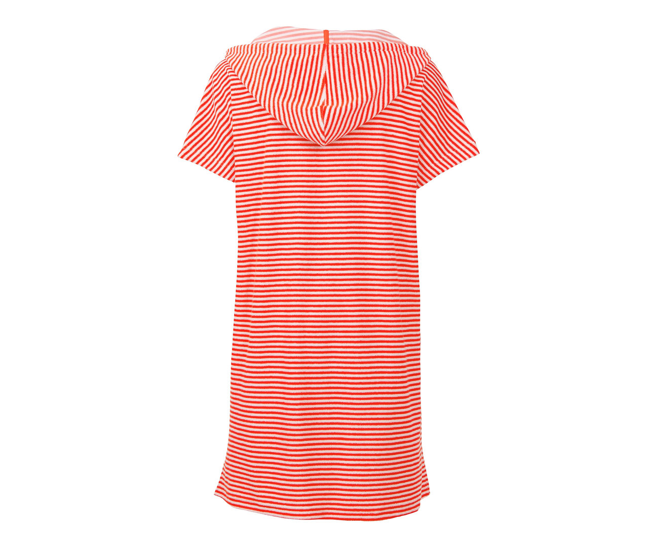 Widok z tyłu sukienki plażowej z tkaniny frotte w czerwono-białe paski z kapturem.