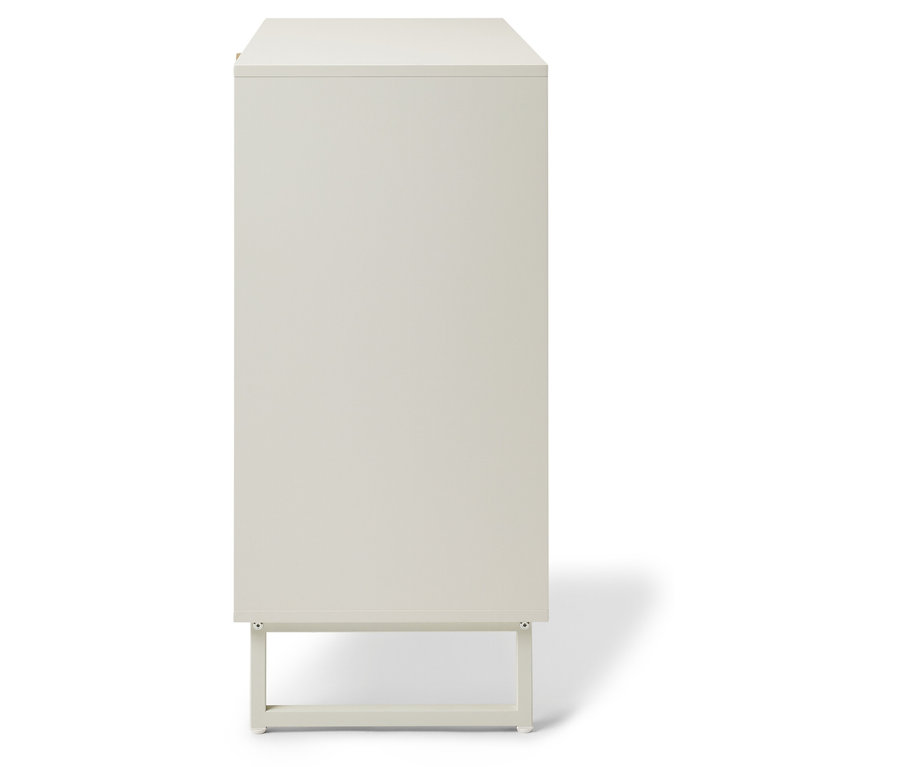 Beżowa szafka z ramą na białym tle.