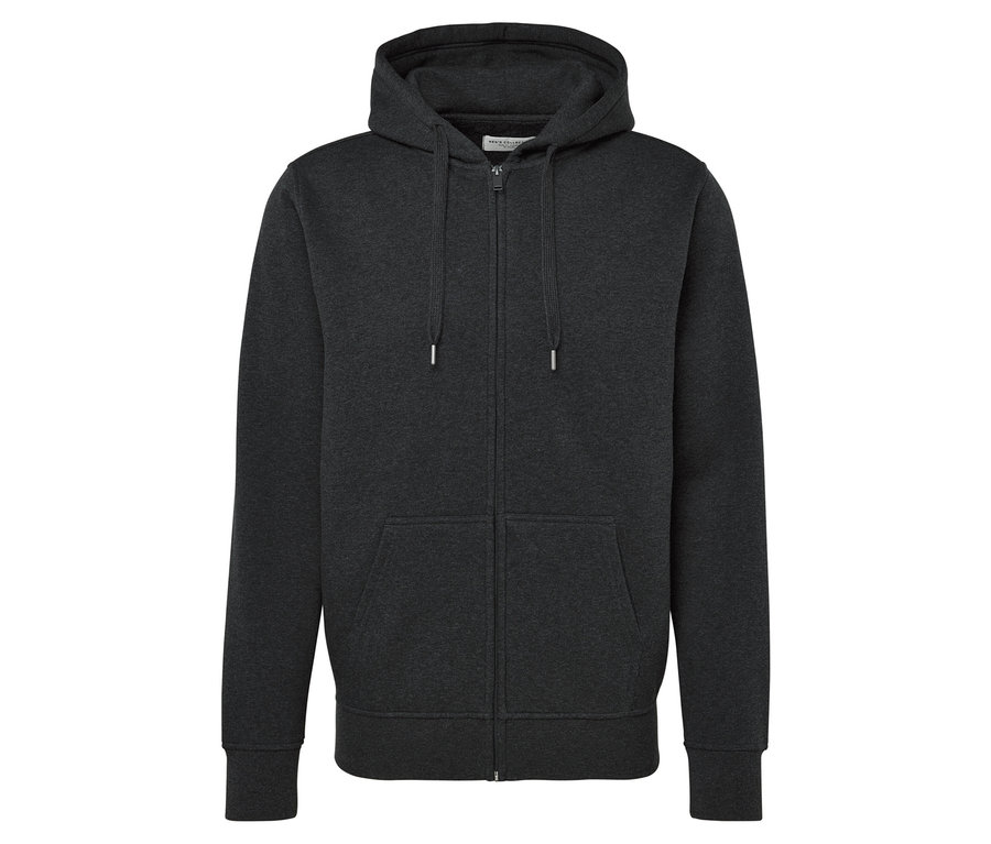 Szara bluza z kapturem, zapinana na zamek błyskawiczny, z kieszeniami kangurkowymi.