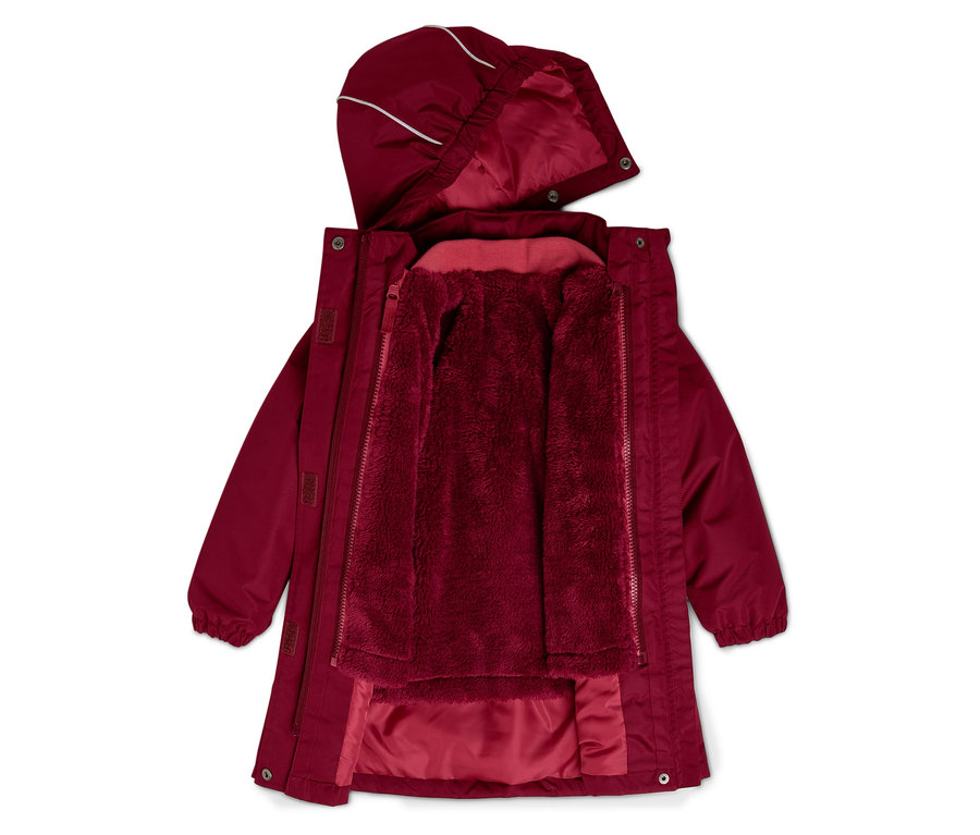 Rozpięta kurtka w kolorze bordowym z kapturem i pluszową podszewką.