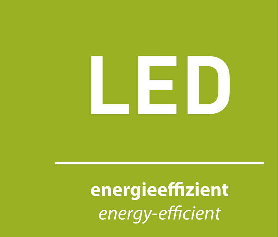 Zielone tło z białym tekstem "LED", poziomą linią i tekstem "energieeffizient energy-efficient".