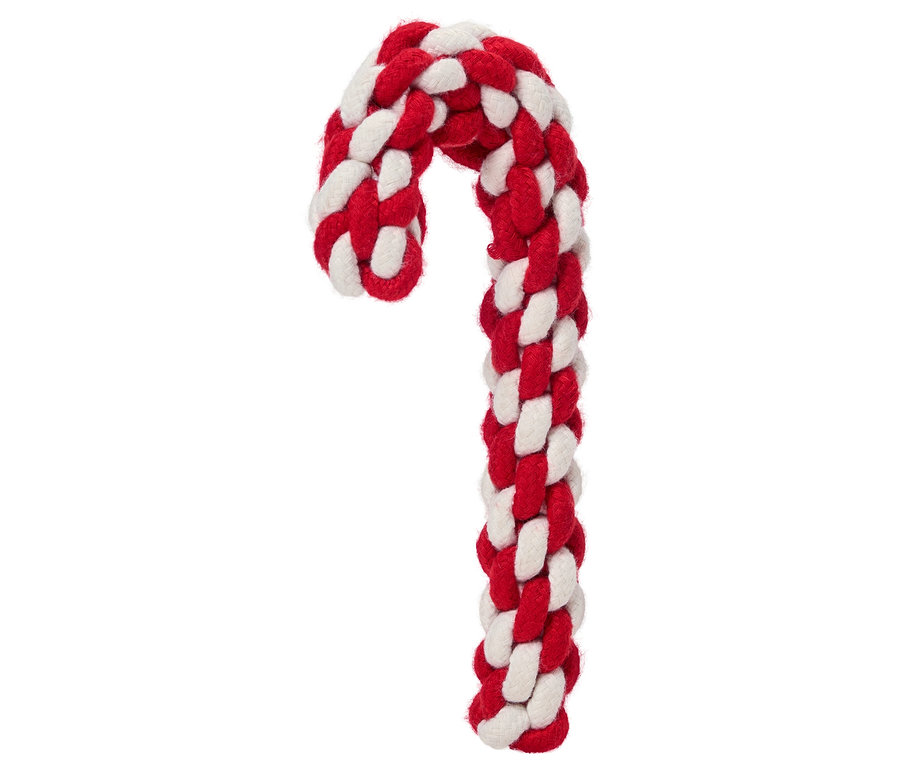 Czerwono-biała lina dla psa w kształcie laski cukrowej na białym tle.