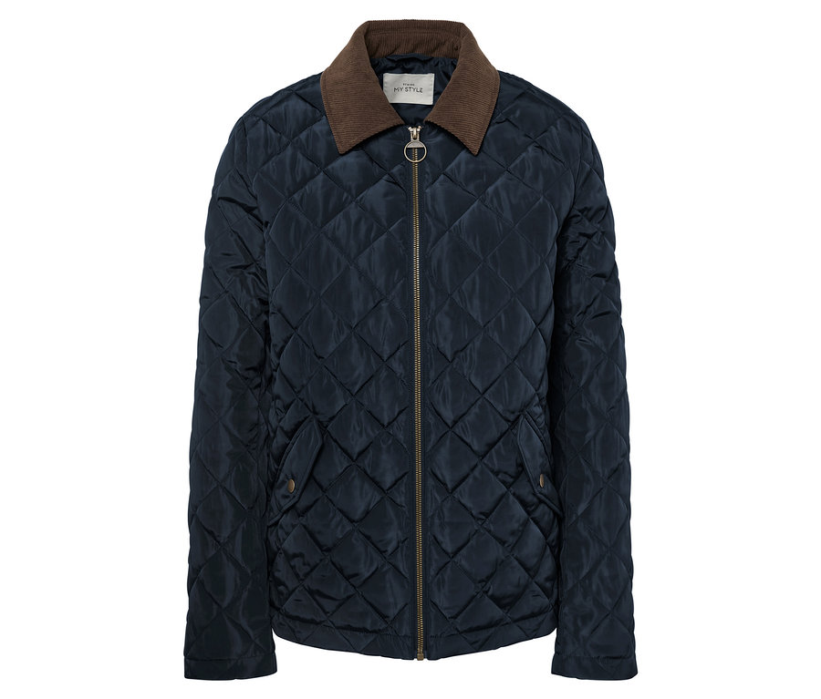 Granatowa kurtka pikowana z brązowym sztruksowym kołnierzem i złotym zamkiem błyskawicznym.