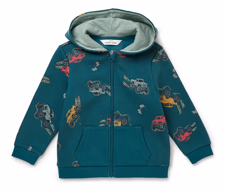 Zielona rozpinana bluza z kapturem, zadrukowana kolorowymi monster truckami.