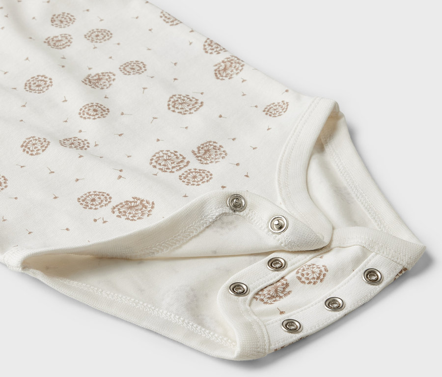 Zbliżenie na bawełniane body z krótkim rękawem dla niemowląt w białe dmuchawce, 5 par.