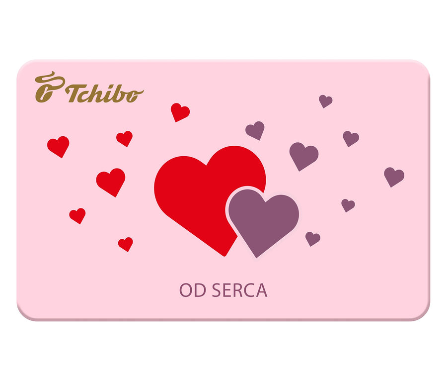 Jasnoróżowa karta Tchibo z czerwonymi i fioletowymi sercami oraz napisem „OD SERCA”.