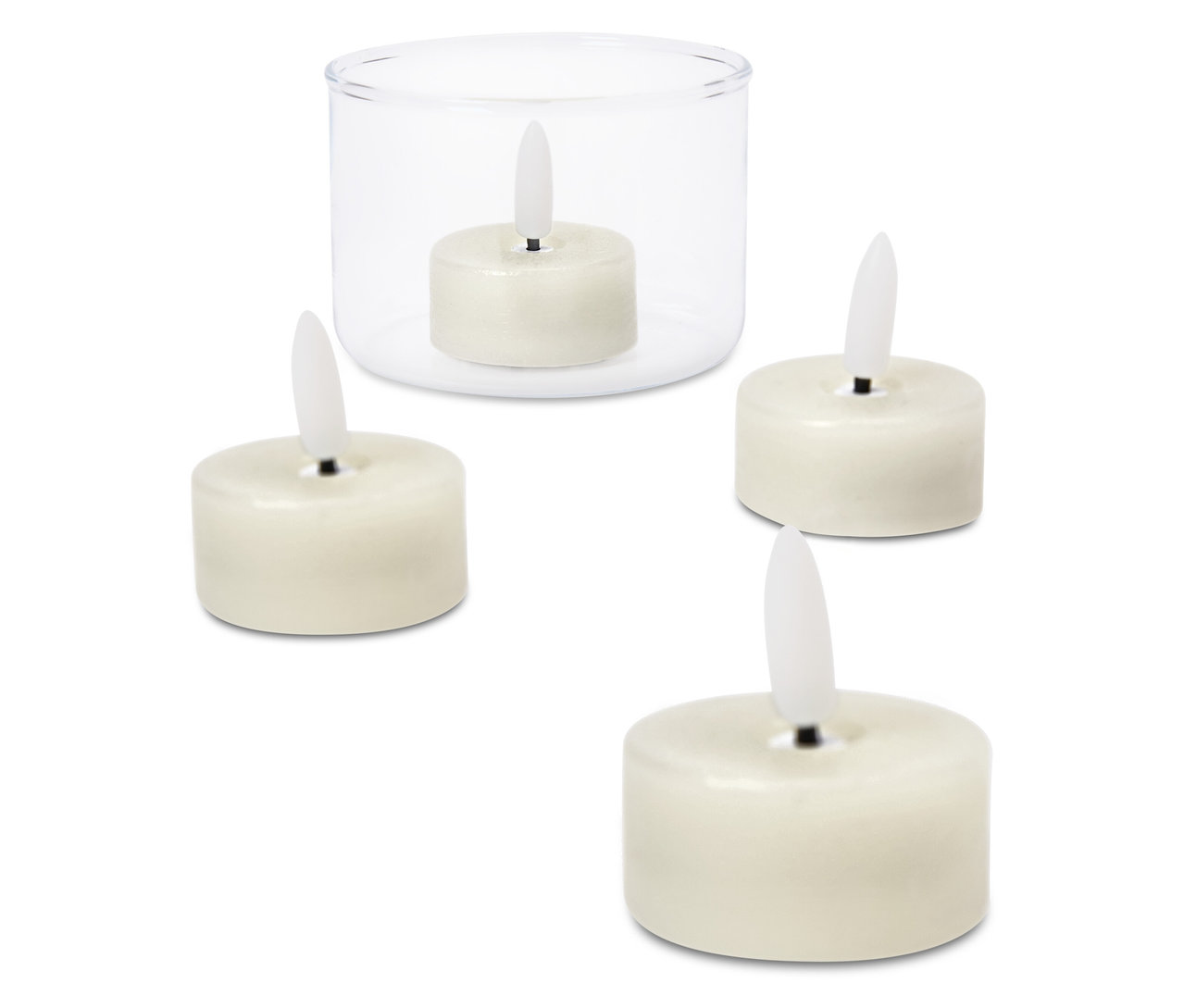 Cztery świeczki LED typu tealight z prawdziwego wosku na białym tle, jedna w przezroczystym pojemniku.