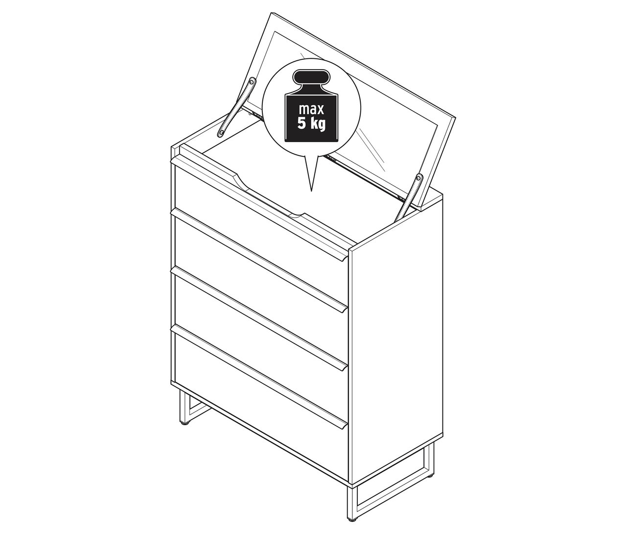 Komoda „LEEG” z 4 szufladami i lustrem, z otwartą górną szufladą.