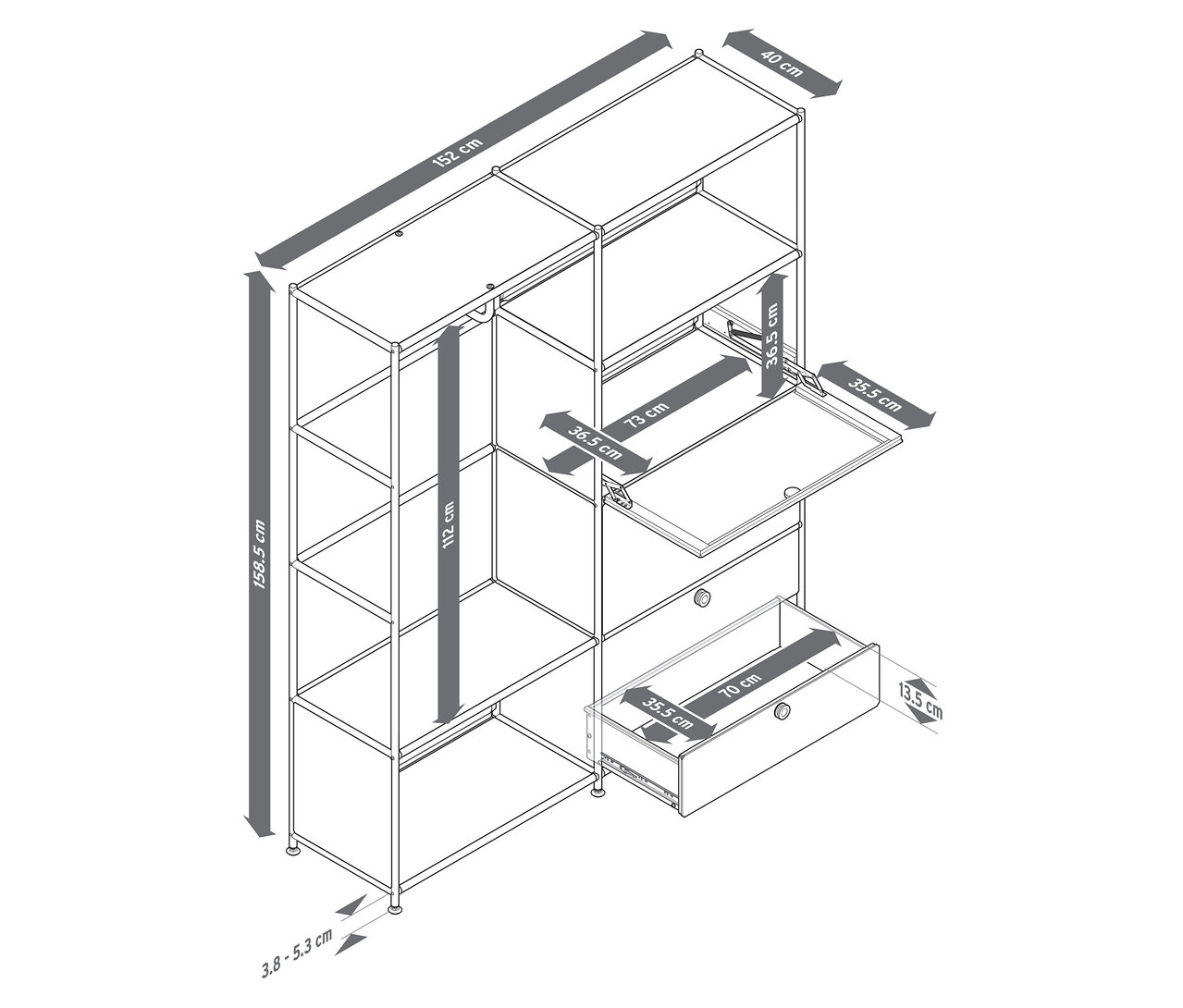 Widok z góry metalowej garderoby »CN3« z dwoma klapami i dwiema szufladami z podanymi wymiarami.