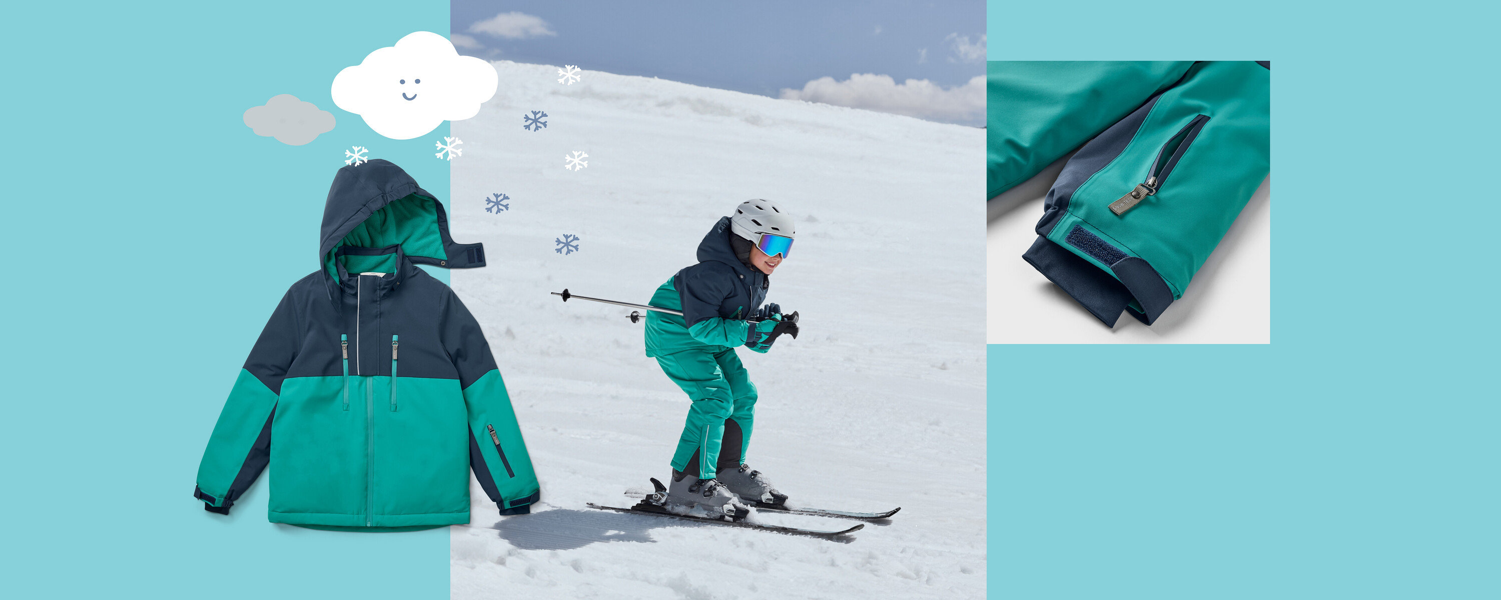 Dziecko zjeżdża na nartach po zaśnieżonym stoku, ubrane w niebiesko-zieloną kurtkę i spodnie. Po lewej stronie znajduje się niebiesko-zielona kurtka, a po prawej zbliżenie kieszeni na rękawie.