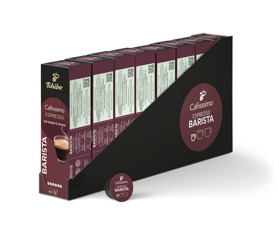 Rząd opakowań Cafissimo BARISTA Espresso po 80 kapsułek każde.