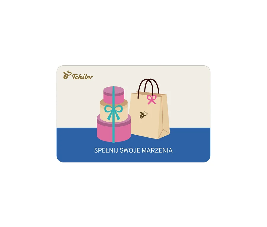 Karta podarunkowa z beżową górą i niebieskim dołem. Logo Tchibo w lewym górnym rogu. Na beżowej części stos różowych pudełek prezentowych z turkusową wstążką obok beżowej torby na zakupy z brązowymi uchwytami, różową kokardą i logo ziarna kawy. Biały napis na niebieskiej części: „SPEŁNIJ SWOJE MARZENIA”.