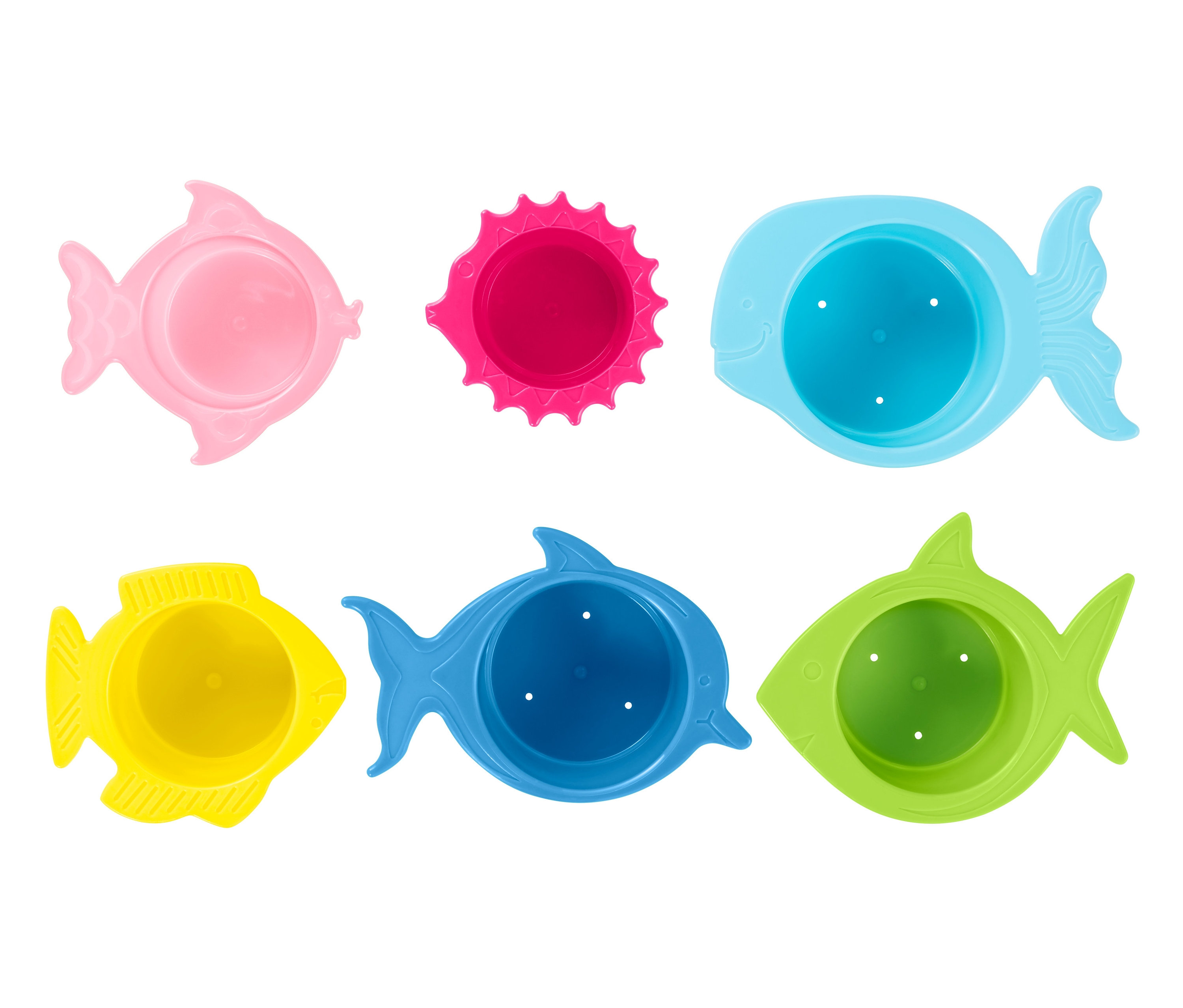 Sześć kubeczków do zabawy wodą i piaskiem w różnych kształtach i kolorach.