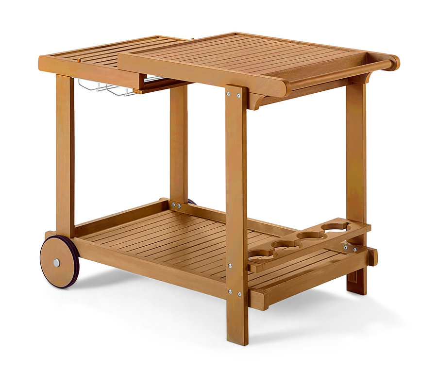 Brązowy drewniany wózek grillowy z kółkami.